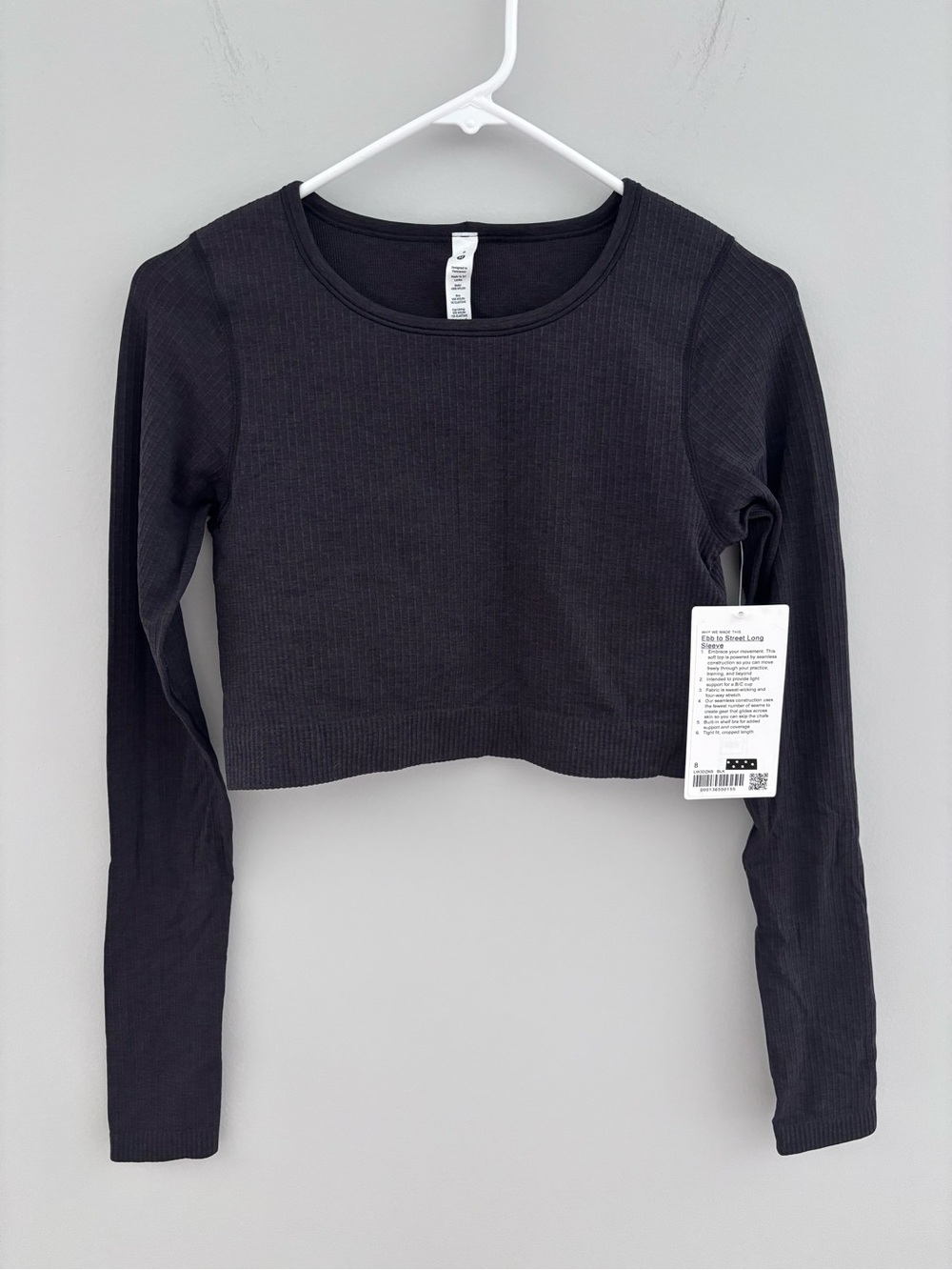 NWT Lululemon ebb to street cropped long sleeve top size 8 black medium